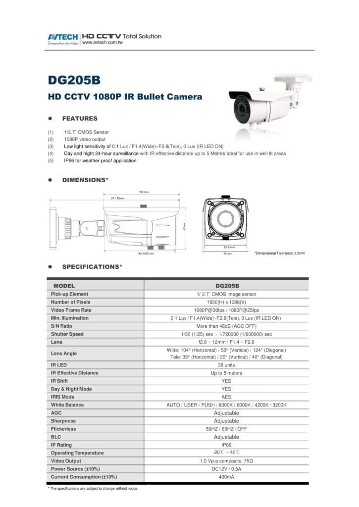 Avtech HD-TVI 1080P IR Bullet Camera Varifocal IP66 Rated DG205