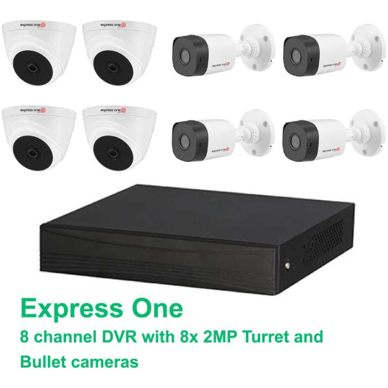 Express One Security CCTV Kit 8x 2MP Turret and Bullet Cameras - 8 Channel DVR