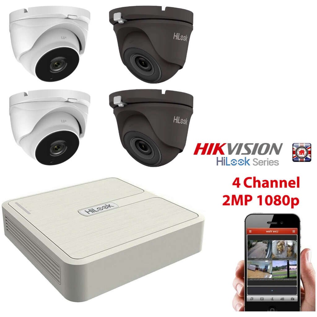 HIKVISION CCTV KIT SYSTEM HILOOK 4ch HD 1080P CAMERA WHITE GREY DOME RECORDER HOME