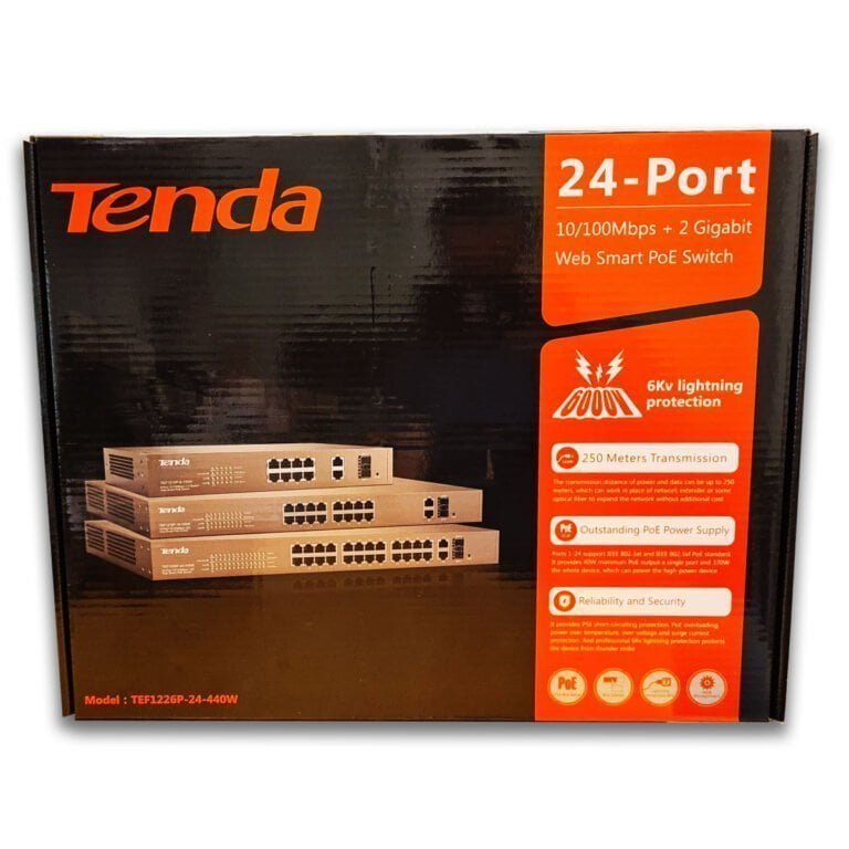 Tenda Network Switch (TEF1226P-24-440W) 24-Port 10/100Mbps + 2 Gigabit Web Smart PoE Switch