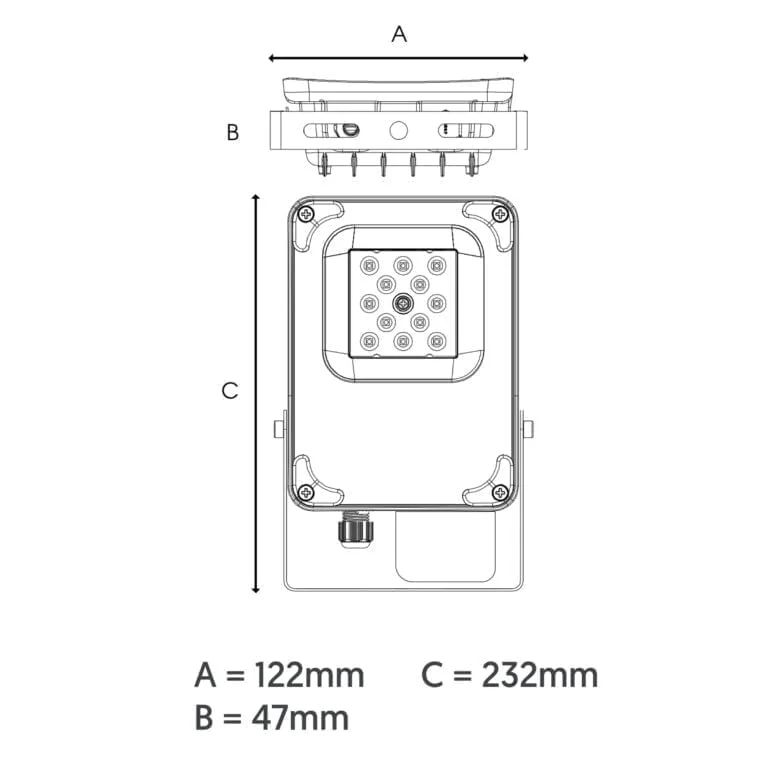 Tri-Colour LED Flood Light Residential QFlood - 10w - IP66 - IK08 - 1450 lm - Tri Colour 3K, 4K, 6K - technical drawing