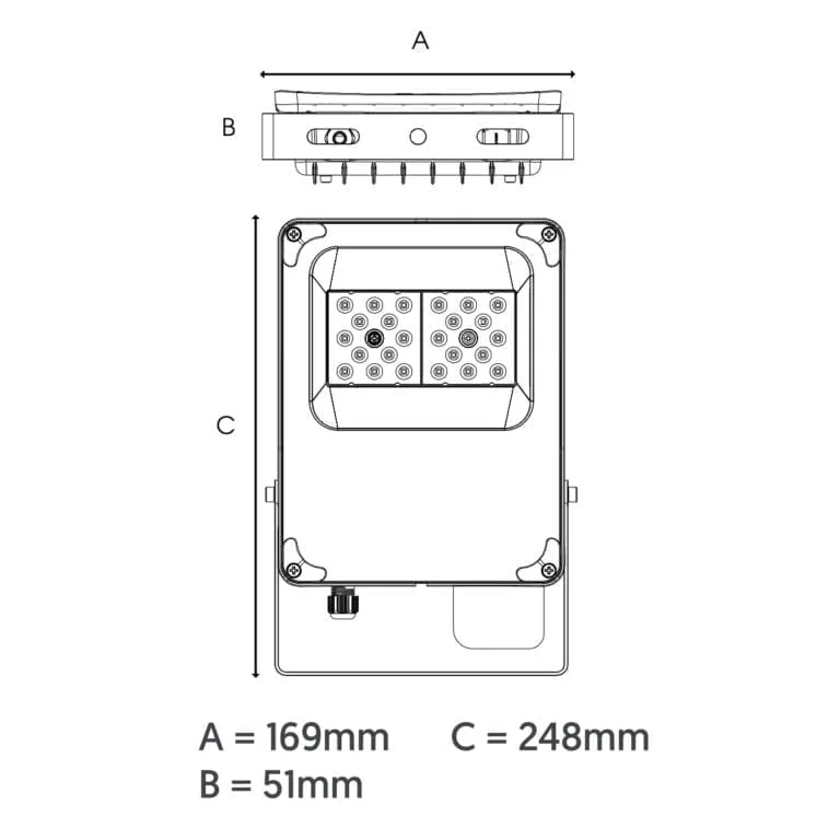 30W LED Flood Light Residential QFlood - IP66 - IK08 - 4350 Lumen - Tri Colour 3K, 4K, 6K- Technical Drawing