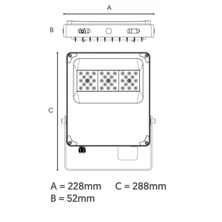50W LED Flood Light Residential QFlood - IP66 - IK08 - 7250 Lumen - Tri Colour 3K, 4K, 6K - technical drawing