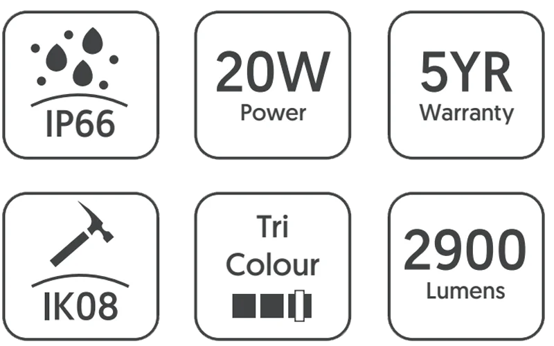 Tri-Colour LED Flood Light Residential QFlood - 20w - IP65 - IK08 - 2900 Lumen - Tri Colour 3K, 4K, 6K - Feature badge