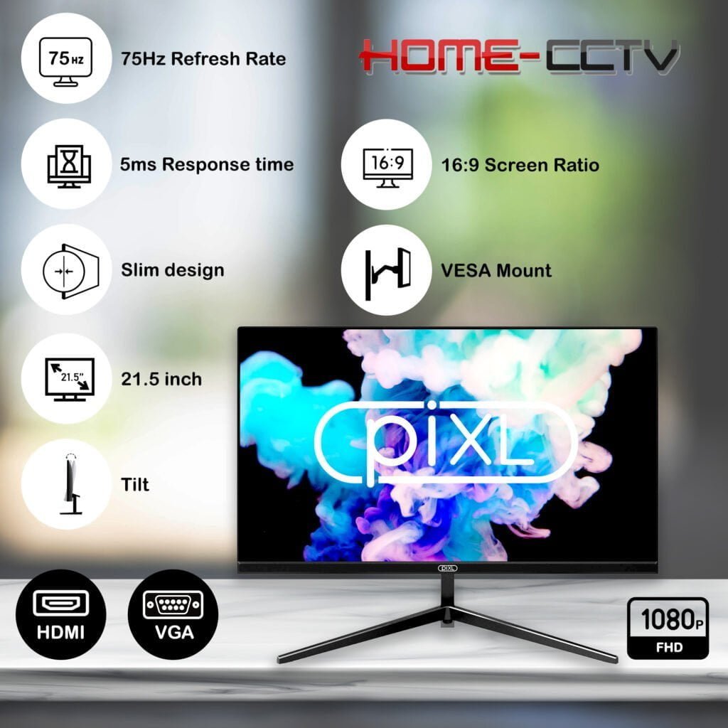 MOPIXCM215F17 21.5inch frameless led monitor 1 piXL CM215F17 21.5" inch Frameless Slim LED Monitor, Full HD 1920 x 1080, 5ms Response Time, 75Hz Refresh Rate, VGA / HDMI, 16.7 Million Colour Support, Black Colour- CCTV Monitor- Home-CCTV