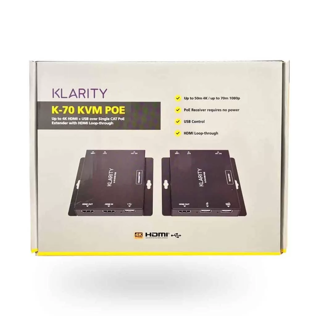Klarity K 70 KVM POE 4K HDMIUSB Over Single CAT PoE Extender with HDMI Loop through img 2 Klarity K-70 KVM POE (4K HDMI + USB Over Single CAT PoE Extender with HDMI Loop through)