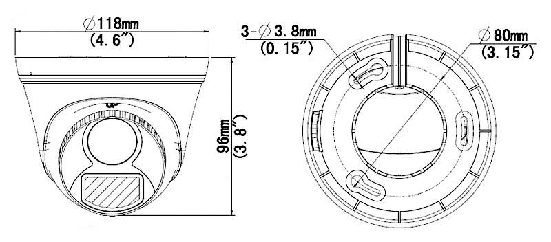 Uniarch 5MP ColourHunter HD 2.8mm Fixed Lens Analogue Turret CCTV Camera 24/7 Colour - Dimensions diagram | Home-CCTV