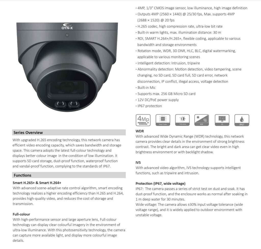 Eagle 4MP Full-Colour Fixed Lens Network Turret Camera (Grey) IP CCTV Camera - Specification 1 | Home-CCTV