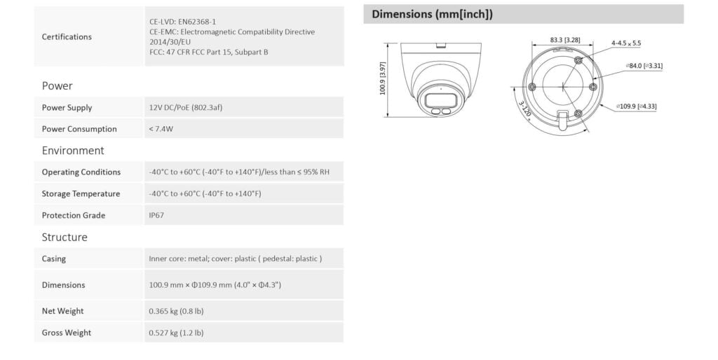 Eagle 4MP Full-Colour Fixed Lens Network Turret Camera (White) IP CCTV Camera - Specification Overview image 3 | Home-CCTV