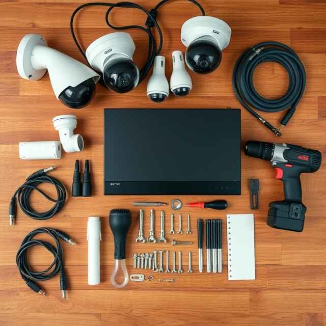 CCTV installation tools including cameras a DVR a drill screws and connectors CCTV installation tools, including cameras, a DVR, a drill, screws, and connectors - Home-CCTV