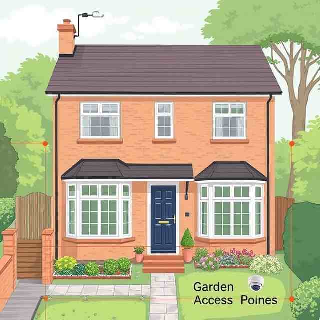 UK home with marked vulnerable areas like entrances windows and garden access points UK home with marked vulnerable areas like entrances, windows, and garden access points - Home-CCTV